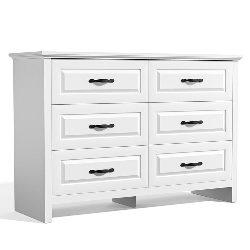 6 Drawer Dresser, 47" Wide Wood Chest of Drawers with Bar Handles for Bedroom, Living Room, Hallway, White