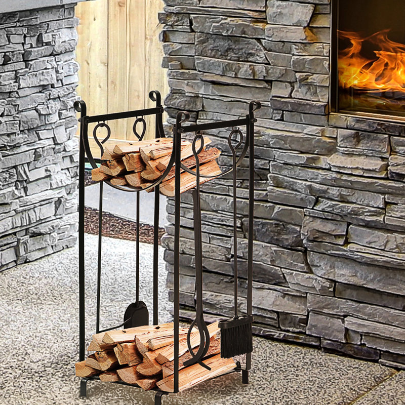 Outils de support et foyer en bois de chauffage - acier noir, capacité de 154 lb, 2 couches, pour foyer d'extérieur, 14,5 po x 13,48 po x 29,54 po, noir, intérieur, extérieur