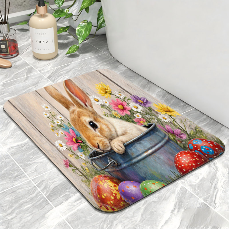 Tapis de bain lapin de Pâques avec œufs peints, antidérapant, pour salle de bain et cuisine, 32 po x 20 po