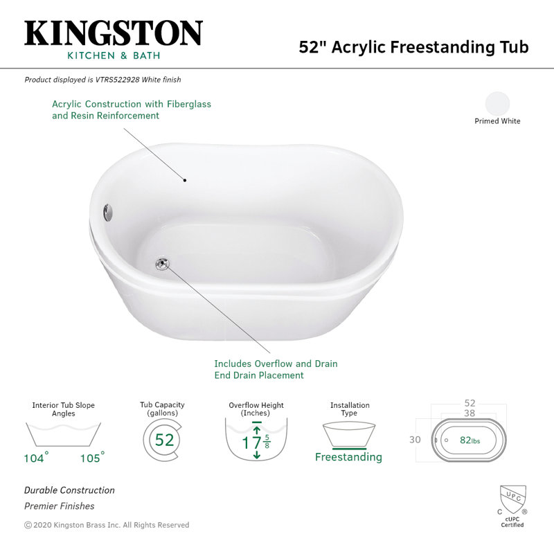 Kingston Brass Aqua Eden 52-Inch Acrylic Oval Single Slipper Freestanding Tub with Drain