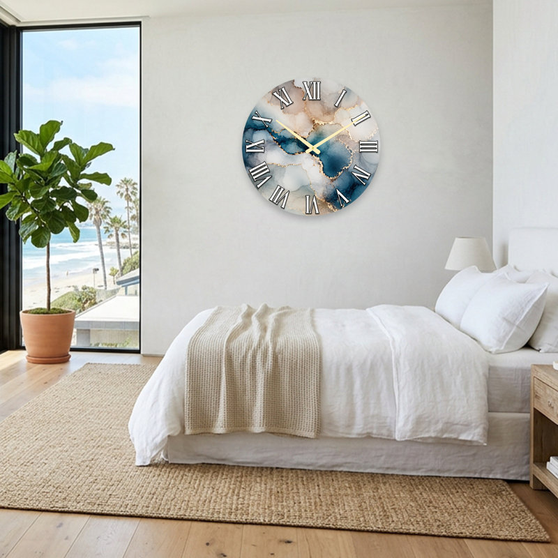 Abstract Marble Blue And Gold Abstract Pattern Ultra Clear Glass Wall Clock, Large
