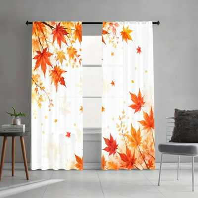 2PCS Rod Pocket Light Filtering Curtains, Elegant Branch Maple Leaf Printed Drapes, Seasonal Home Decor, All Season Window Treatments for Living Room Bedroom Study Home Decoration