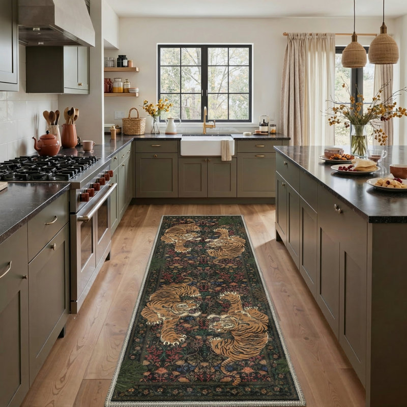 Teiarra Tigris Animal Print Machine Washable Clashing Tigers / Obsidian Moss Indoor Area Rug With Non-Slip Backing