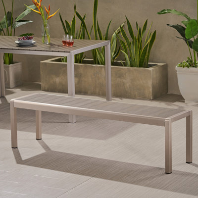 Banc de salle à manger d'extérieur moderne en aluminium avec siège en faux bois, gris et argent