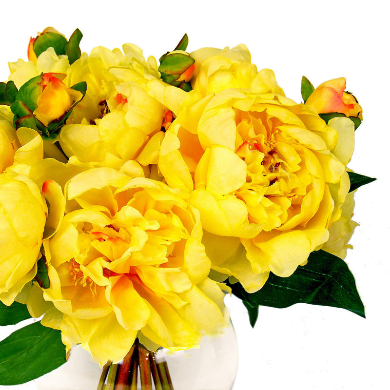 Yellow Peonies In Round Glass Vase With Acrylic Water