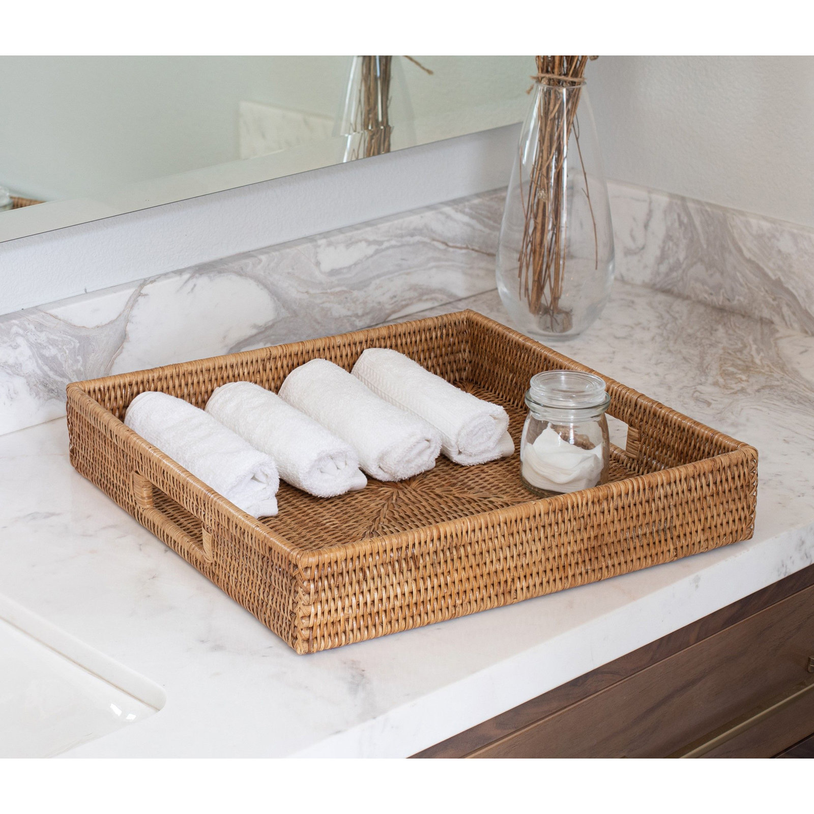 Edmond Rattan Tray - Set of 1, Honey Brown, 3" H x 18" W x 18" D