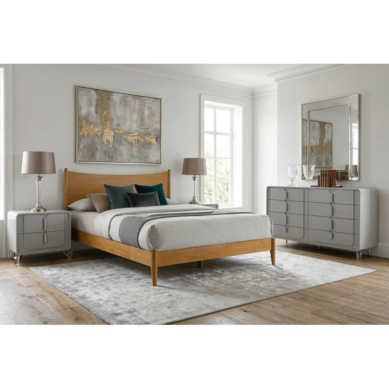 Sandara Modern Solid Wood Fully Assemble 3 Piece Bedroom Set, 3 Pcs: Bed, Nightstand, Dresser, Gray/Amber Walnut