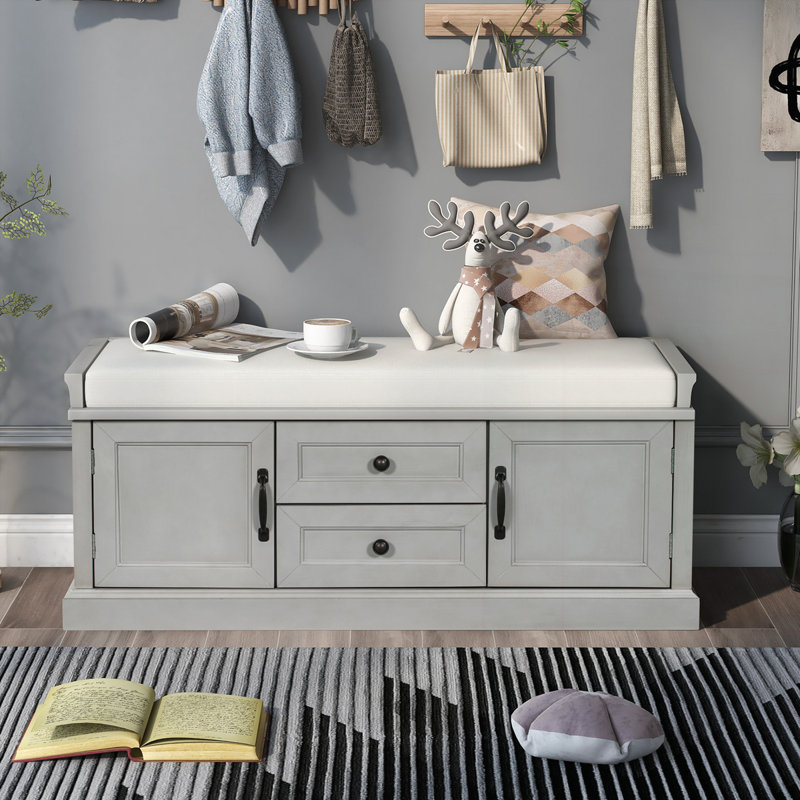 Banc de rangement avec 2 tiroirs et 2 armoires, Gris délavé