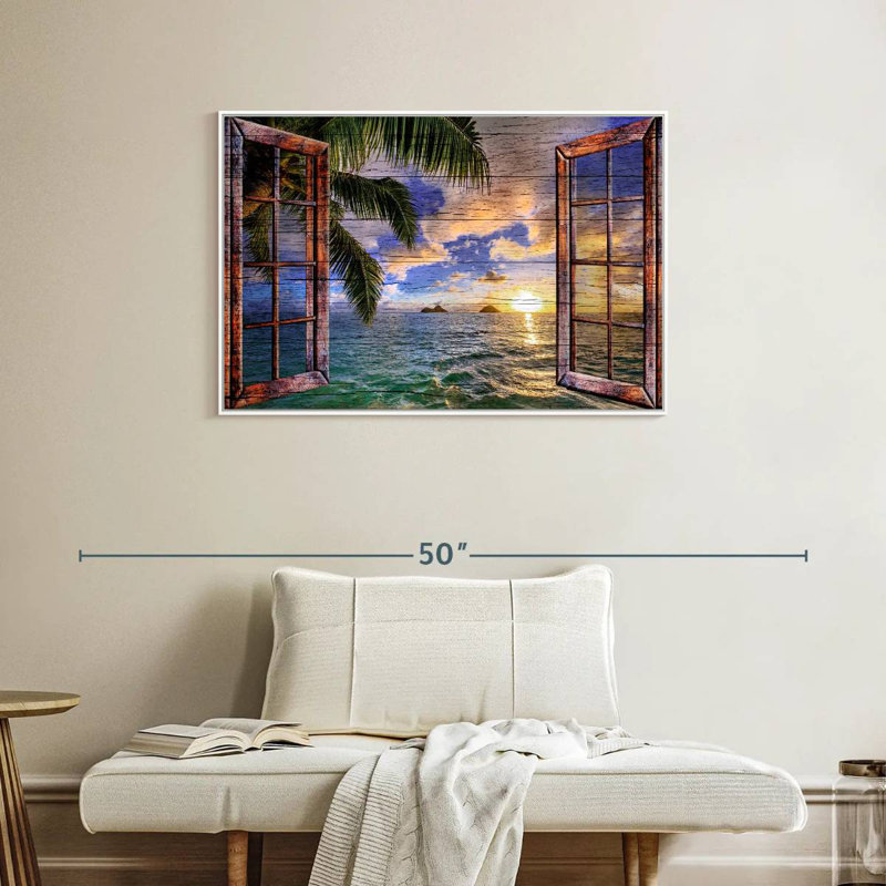 Vue de fenêtre en bois tropical, Cadre flottant blanc, 37 po x 25 po