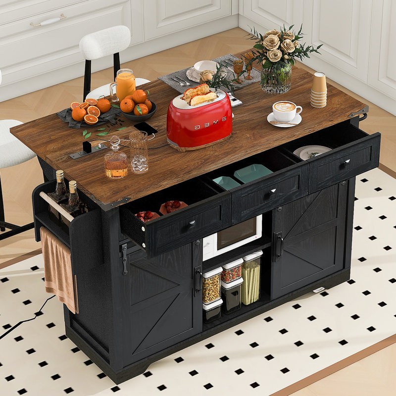 53.7" Farmhouse Kitchen Island With Power Outlet, 2 Sliding Barn Door Kitchen Storage Island With Drop Leaf, Spice Rack Rolling Kitchen Cart On Wheels, For Home, Kitchen And Dining Room, Black