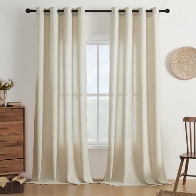 Light Filtering Semi-Sheer Faux-Linen Grommet Curtains 2 Panels Set