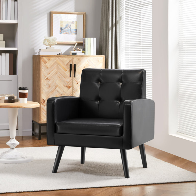 Bakhyt Tufted  Faux Leather Armchair with Solid Wood Leg, Black