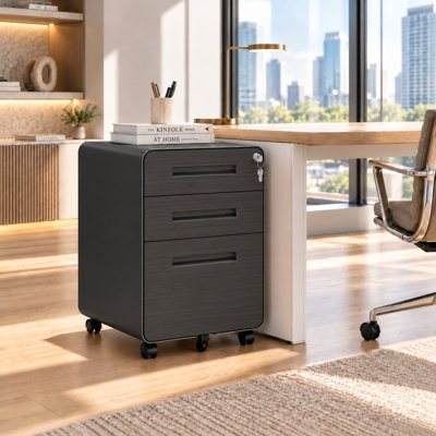 Bizoe Black 3-Drawer Locking Metal Mobile Vertical File Cabinet with Rounded Corners