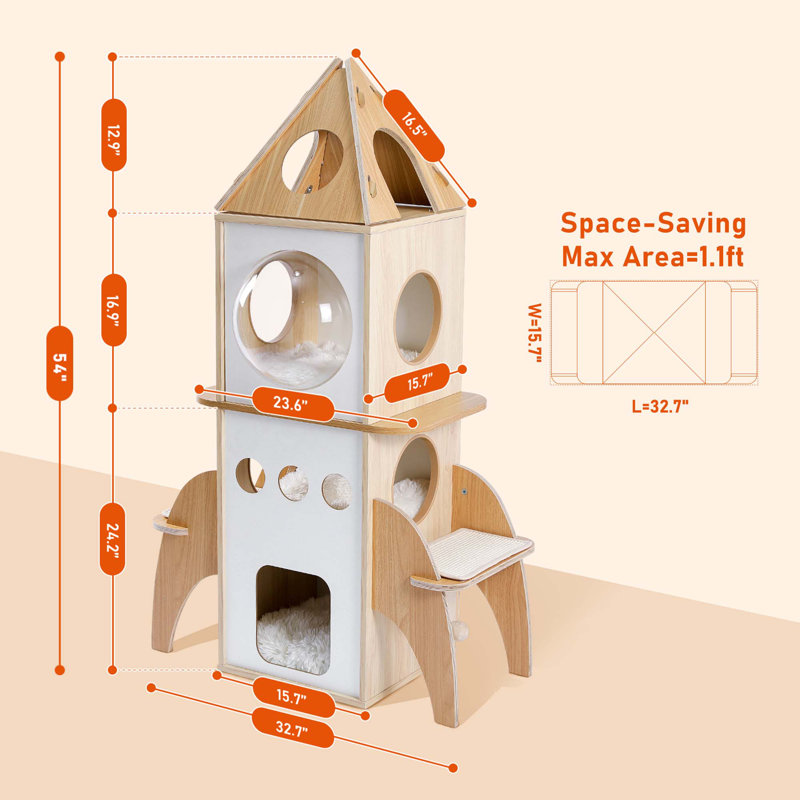 54'' Natural and White Wood Rocket Cat Tower with Condos