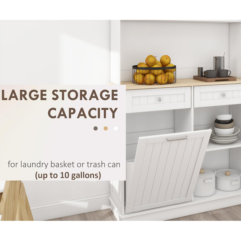 Tall  Storage Cabinet With 3 Adjustable Shelves, 2 Drawers And 1 Tilt Out Trash Cabinet