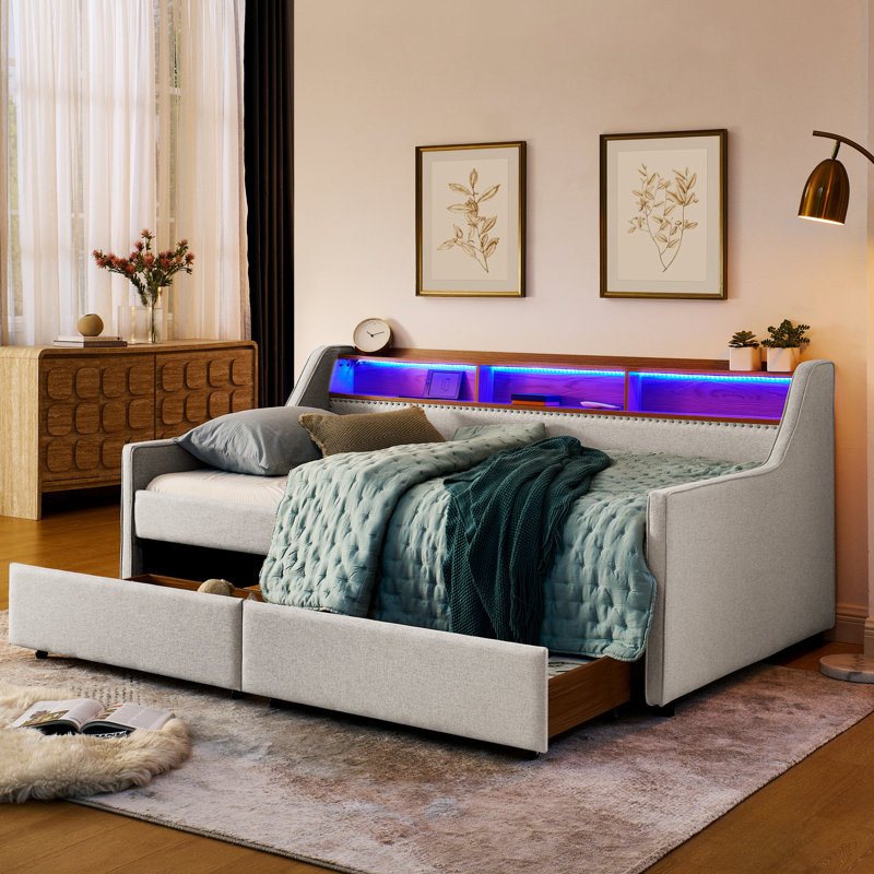 Lit simple tapissier beige, chargement sans fil, 3 lumières à DEL, 2 tiroirs de rangement, lit de tête de lit ajustable avec revêtement en lin, support, rangement,