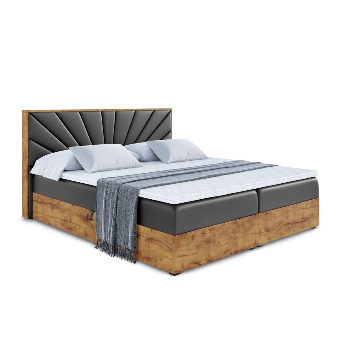 Boxspringbett in Holz- und Kunstlederoptik mit H4 Multipocket-Matratze, Bettkasten und Topper