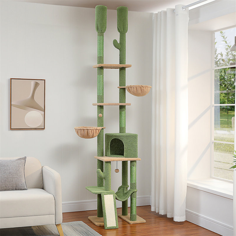 Tour pour chat Cactus du sol au plafond avec hauteur réglable (85 à 112 pouces), centre d'activités d'escalade à 7 niveaux avec hamacs confortables, 5 plateformes et poteaux à griffer pour chats d'intérieur