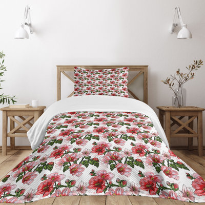 Ambesonne Ladybugs Bedspread Set 2 Pcs Hibiscus Exotic Flora Twin Red Coral Green