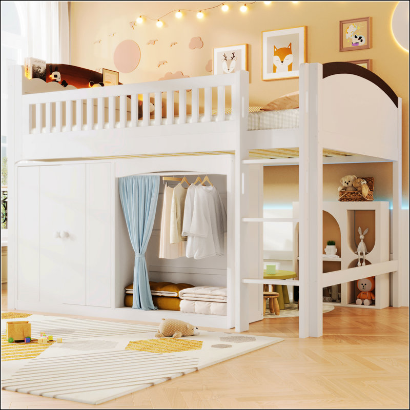 Lit mezzanine double avec rangement, garde-robe et éclairage à DEL, conception peu encombrante, Blanc