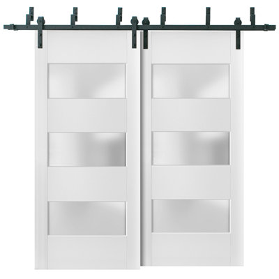 Portes coulissantes de placard en verre dépoli à 3 battants, style grange, 91,4 x 203,2 cm (36 x 80 pouces), Lucia 4070, blanc soie, rails robustes de 2 m (6,6 pi), ensemble de quincaillerie, portes de placard de chambre en bois massif