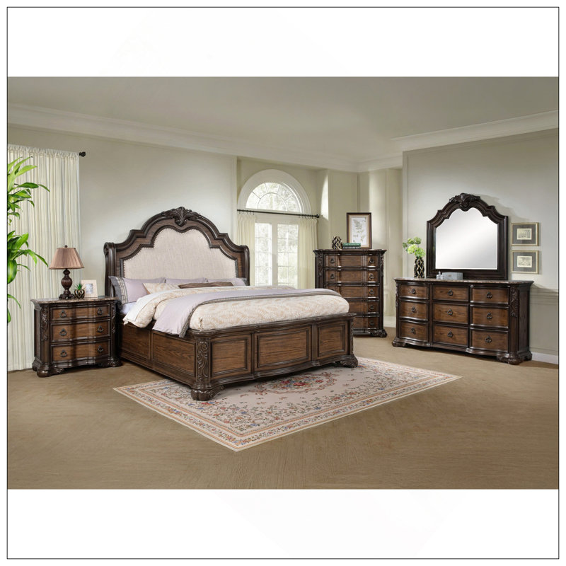 Meuble en bois massif de 1 chambre à coucher avec 1 tiroir et 5 tiroirs en marbre véritable avec moulures complexes