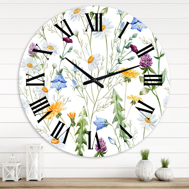 Horloge murale traditionnelle camomille et trèfle III Wildflowers, Grand