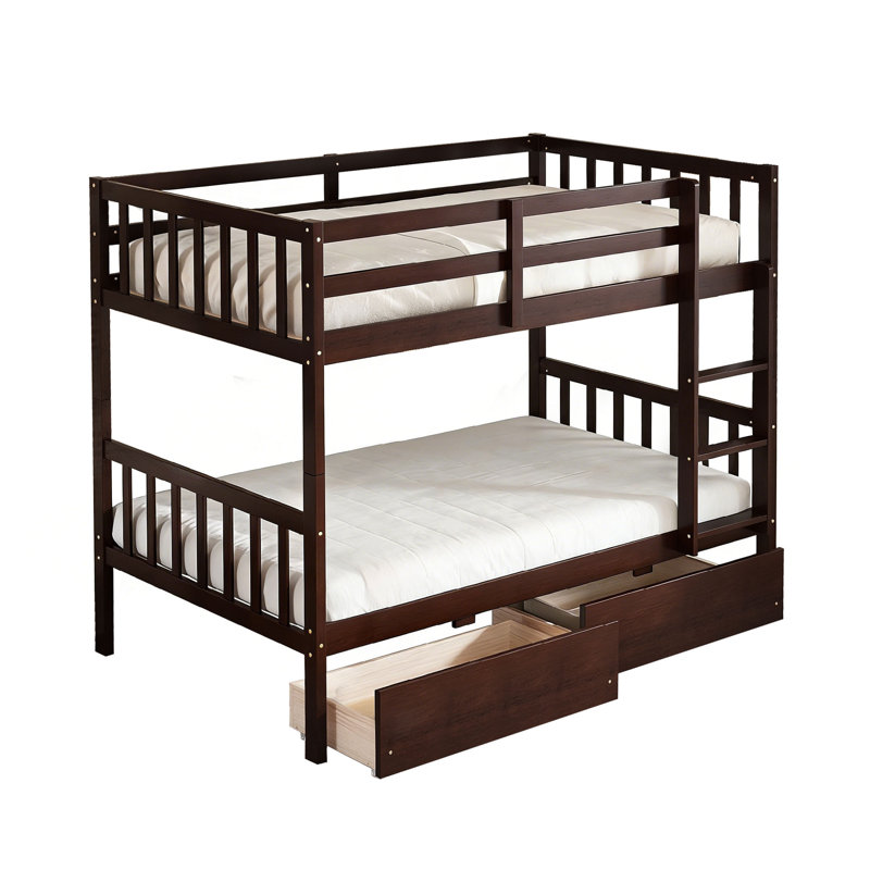 Lit superposé simple au-dessus de simple avec 2 tiroirs, convertible en 2 lits simples, bois d'hévéa massif, Espresso