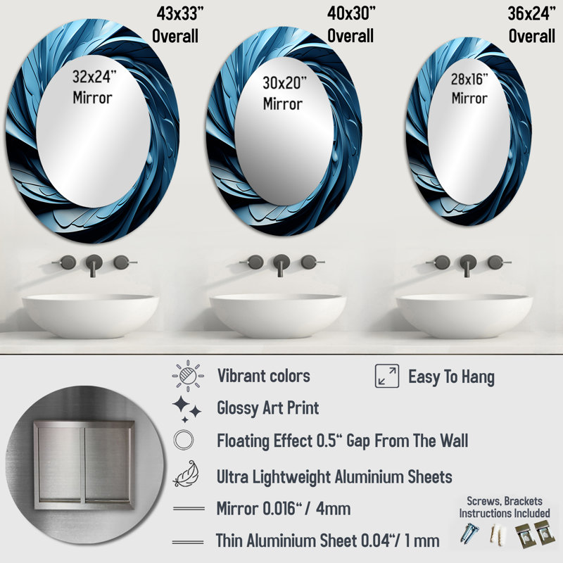 Spirale spirale abstraite bleue Vortex III - Miroir décoratif abstrait ovale sur métal, 36 po x 24 po