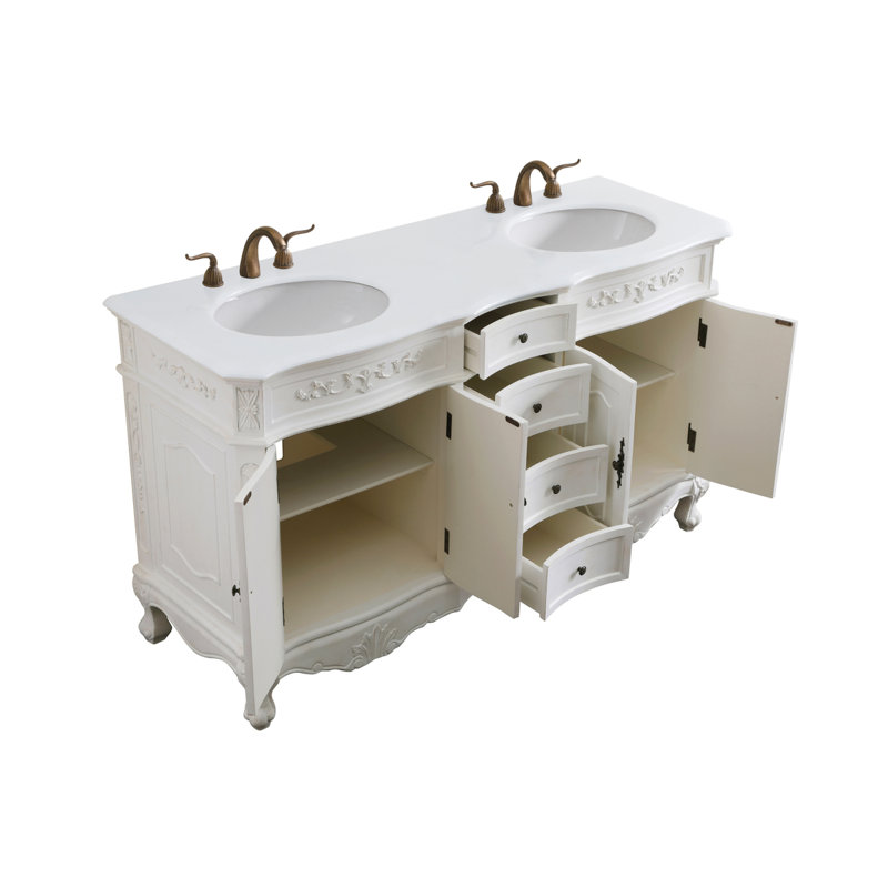 Ensemble de meuble-lavabo double 60 po Lunette, Blanc antique, Blanc ivoire
