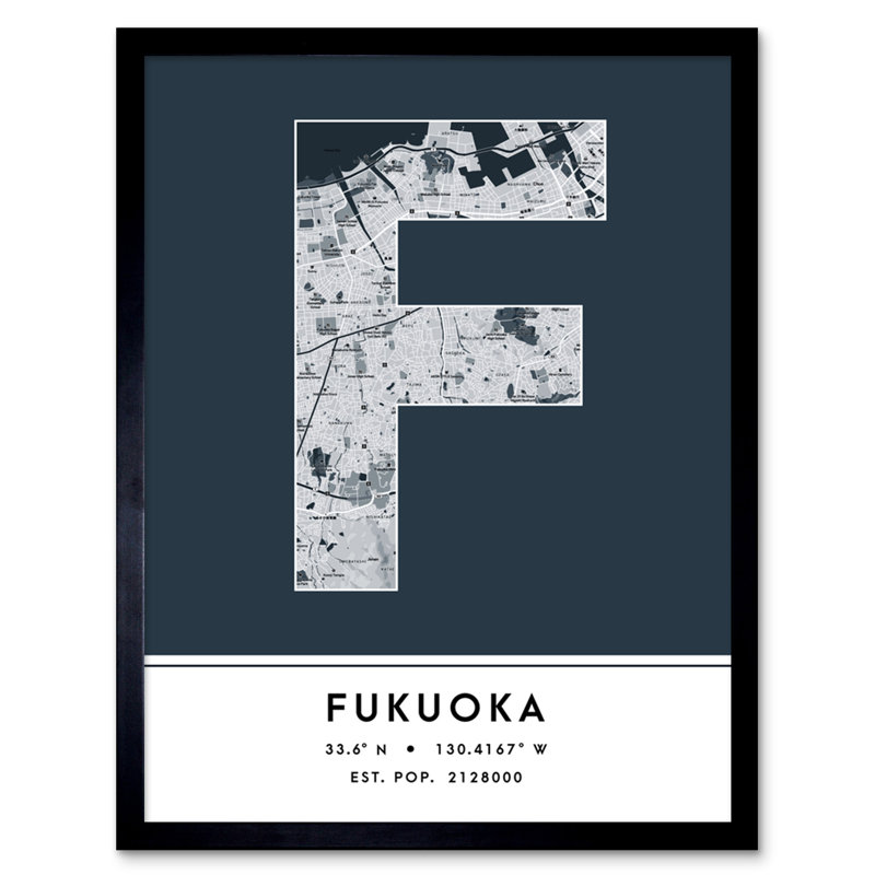 Fukuoka City Map Fukuoka Black & White 1 Piece Single Picture Frame Wall Art, Navy