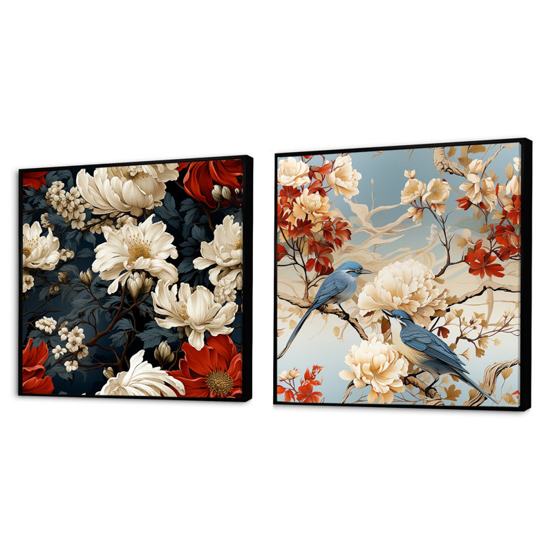 Wetherby - Ensemble de 2 collages floraux carrés, Cadre flottant noir, H 16 po x l 33 po