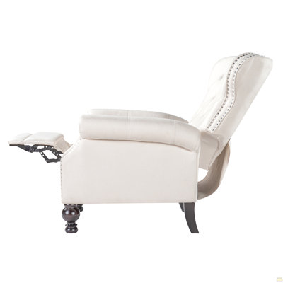 Fauteuil inclinable manuel moderne en microfibre, 3 positions, accoudoirs arrondis, garniture cloutée et pieds en bois d'hévéa