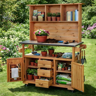65'' Rustic Potting Bench With Stainless Steel Top And Lockable Wheels