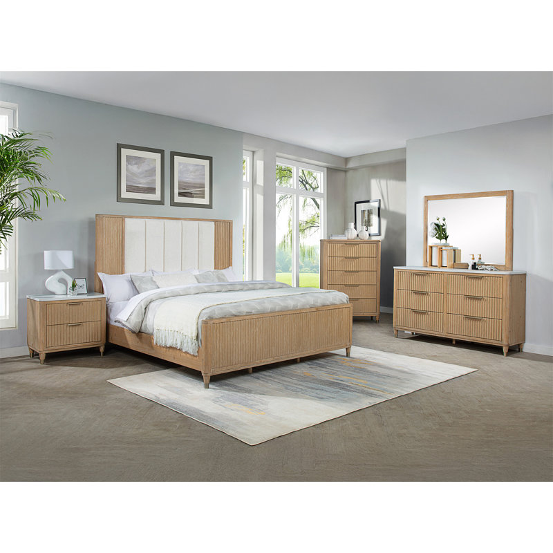 Esthétique moderne avec finition en bois naturel et grand espace de rangement à six tiroirs avec une commode en pierre reconstituée et une quincaillerie décorative en laiton
