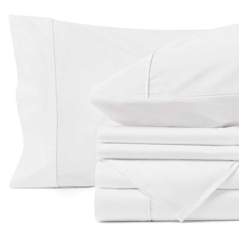 Draps 100% coton de literie - 6 pièces de draps en coton tissé en satin de coton, Blanc brillant