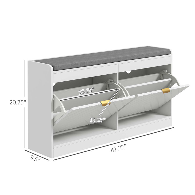 Banc d'entrée pour chaussures avec 2 tiroirs rabattables, un coussin de siège et des évents pour 8 paires de chaussures, parfait pour les couloirs