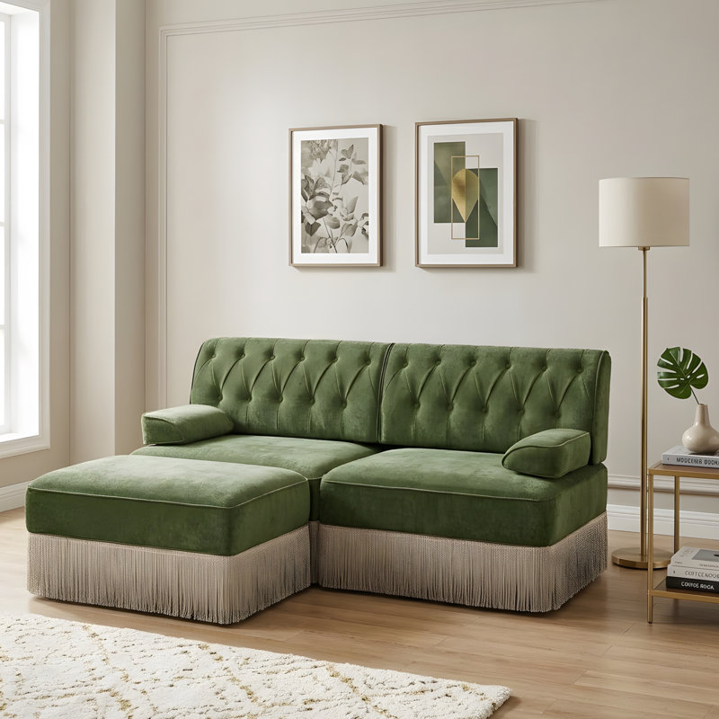 Canapé en L confortable, respirant et à franges, Green Velvet, 34.2" H x 76.6" W x 60.3" D