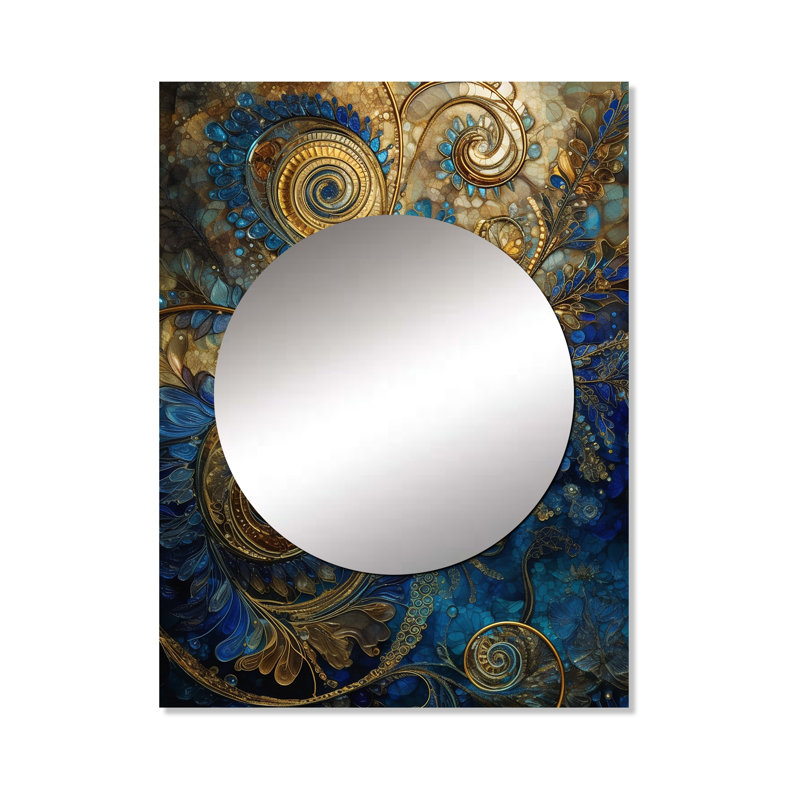 Décoration murale bleue et dorée Melody Of Boho II - Miroir de plumes Boho MTMIR62315, 40 po x 30 po