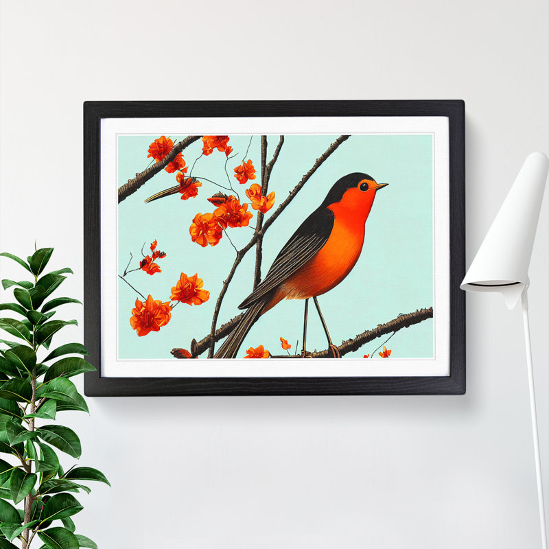 Art Deco Robin Bird - Single Picture Frame Print, Black, 46cm H x 64cm W
