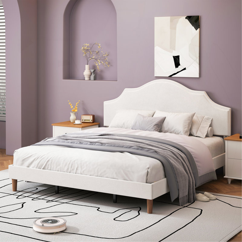 Très grand lit plateforme tapissier avec tête de lit ajustable, rembourré en tissu de lin, lit plateforme de style simple et moderne sans sommier, facile à assembler, blanc