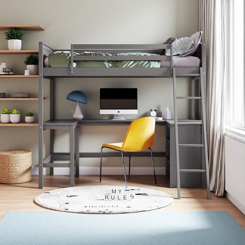 Lit mezzanine simple avec tablettes et bureau, Gris