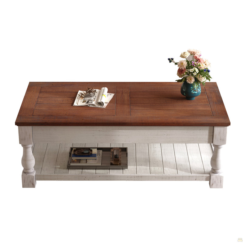 Table basse à plateau relevable rétro avec rangement pour le salon, compartiment caché et tablette inférieure, finition espresso et blanc vieilli