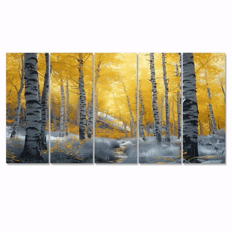 «Yellow Birch Woods In Forest Photo II», ensemble d'art sur toile, H 32 po x l 80 po