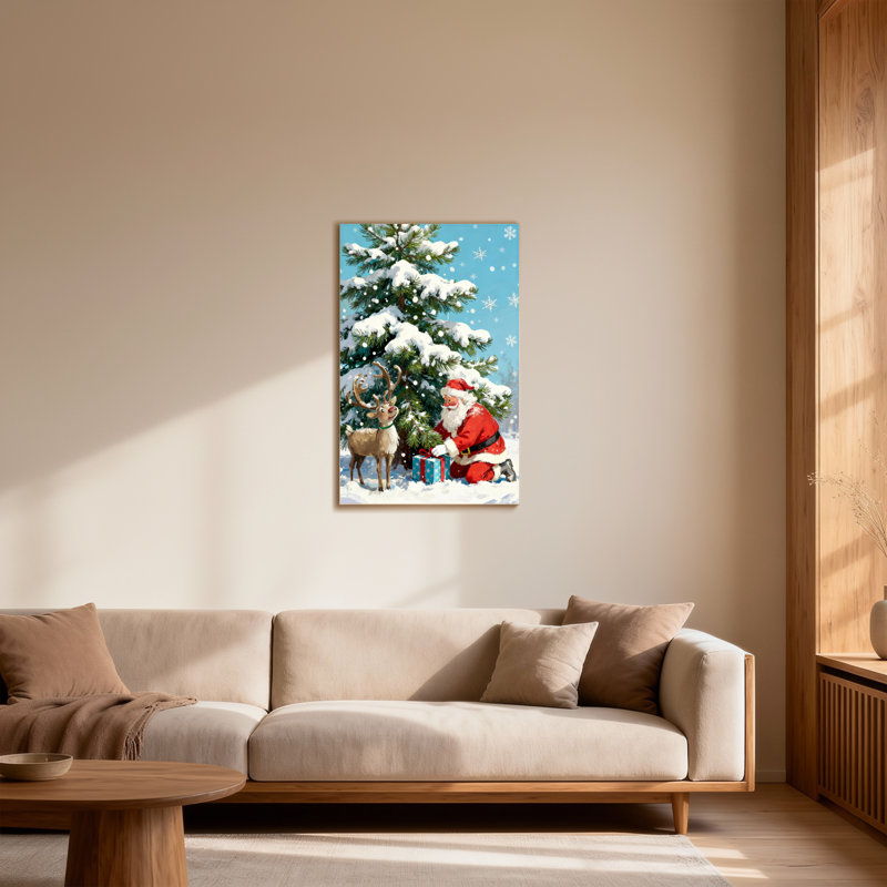 Noël, père Noël et renne dans une scène enneigée, H 24 po x l 16 po