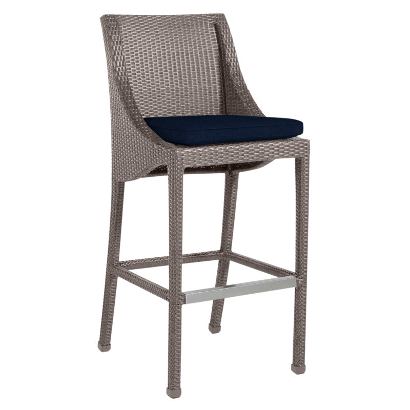 Athena Patio Bar Stool with Cushion, Oyster, Welt, Indigo Velvet