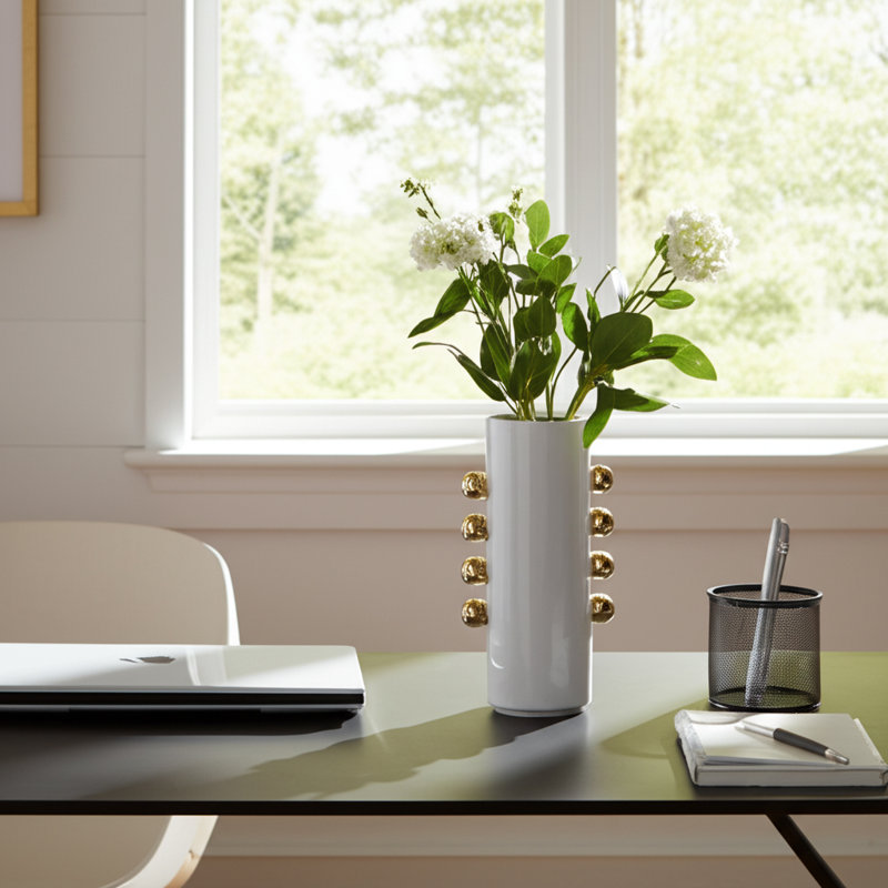 Modern Ceramic Table Vase with Side Knob Accents for Home Decor - Sculptural Tall Flower Vase for Living Room and Shelf Styling
