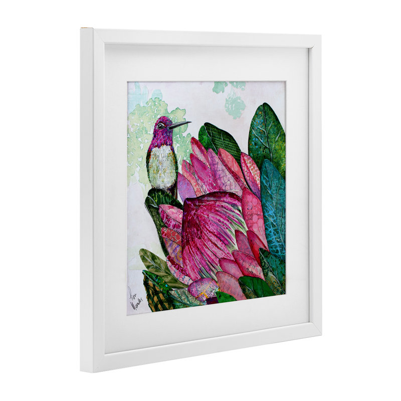 «Hummingbird And Protea», reproduction sous verre encadrée, design par Lisa Morales, H 16 po x l 16 po, Cadre blanc côtier