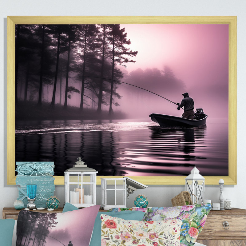 Fishing At The Lake I - Fishing Framed Canvas Print Hunting Wall Art, Gold Single Picture Framed, 34" H x 44" W x 1.5" D