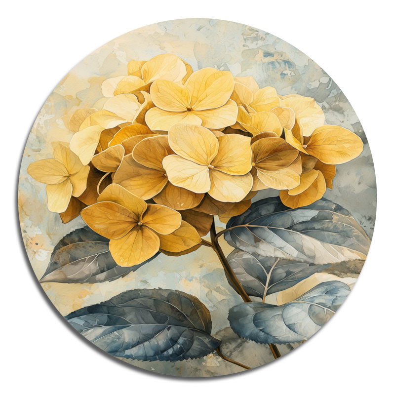 Fleurs d'hortensia jaune doux I - reproduction d'art en métal jaune traditionnel, H 29 po x l 29 po